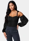 Bebe Mesh Combo Front Twist Knit Bodysuit In Black