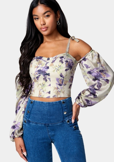 Bebe Detachable Sleeve Bustier Top In Lily Print