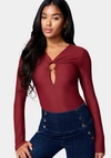 Bebe Ring Detail Long Sleeve Bodysuit In Bloodstone