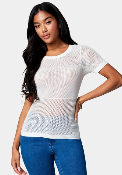 Bebe Open Knit Short Sleeve Sweater In White Alyssum