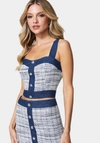 Bebe Tweed & Denim Button Front Bustier In Ballad Blue,indigo Wash