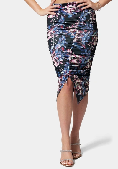 Bebe Ruched Matte Jersey Skirt In Leaf Stem Print