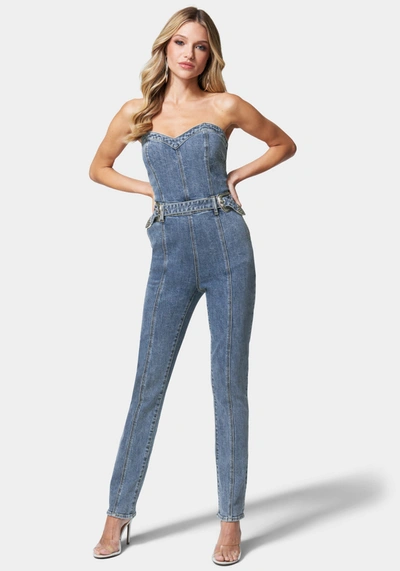 Bebe Belted Sweetheart Denim Jumpsuit In Blue