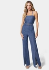 BEBE FRONT SLIT BELTED WIDE LEG DENIM JUMPSUIT