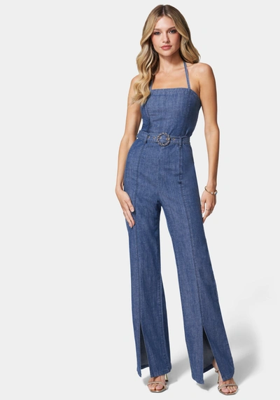 Bebe Front Slit Belted Wide Leg Denim Jumpsuit In Med Blue Wash