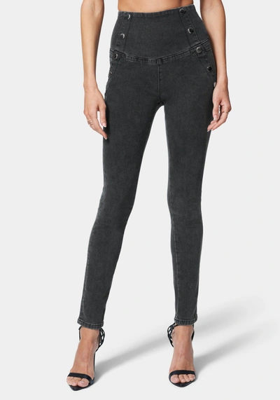 Bebe High Waisted Button Detail Skinny Jeans In Black Charcoal Wash