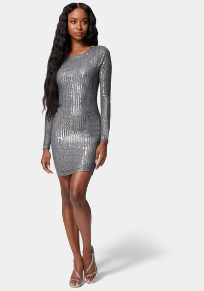 Bebe Open Back Sparkle Mini Dress In Charcoal
