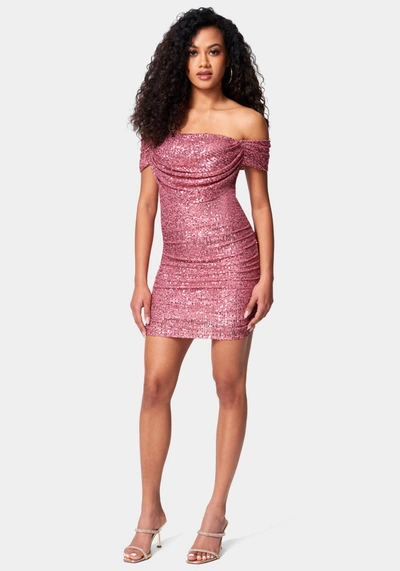 Bebe Sequin Drapey Ruched Mini Dress In Mauvewood