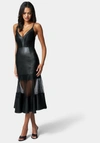 BEBE MESH AND VEGAN LEATHER FLARE DRESS