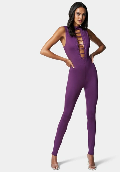 Bebe Caged Neck Choker Catsuit In Tillandsia Purple