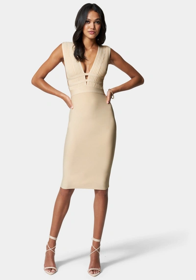 Bebe Plunge Neck Bandage Dress In Champagne