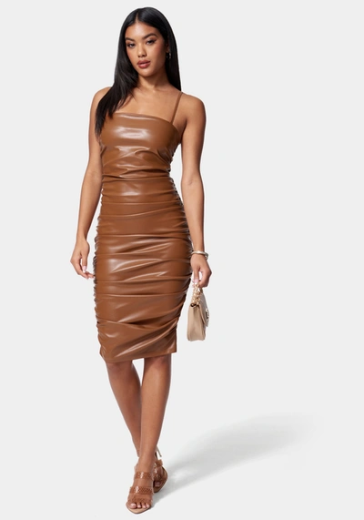 Bebe Ruched Midi Vegan Leather Dress In Copper Brown