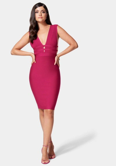 Bebe Plunge Neck Bandage Dress In Hot Pink