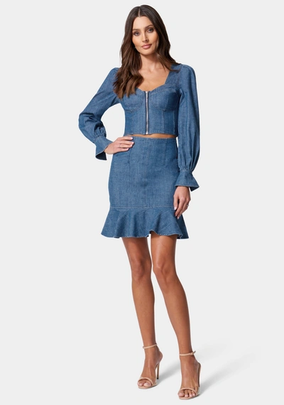 Bebe Long Sleeve Denim Bustier In Med Blue Wash