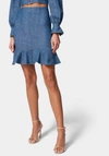 Bebe Multi Dart Denim Flared Skirt In Med Blue Wash