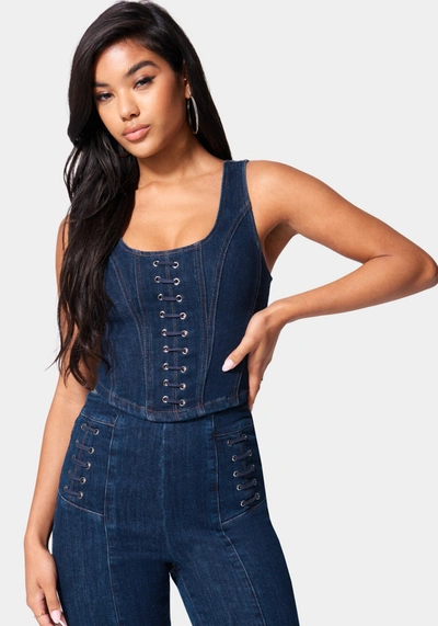 Bebe Eyelet Denim Bustier In Dark Indigo Wash