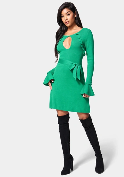 Bebe Bell Sleeve Belted Sweater Dress In Emerald