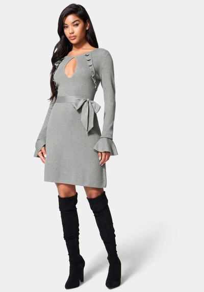 Bebe Bell Sleeve Belted Sweater Dress In Charcoal