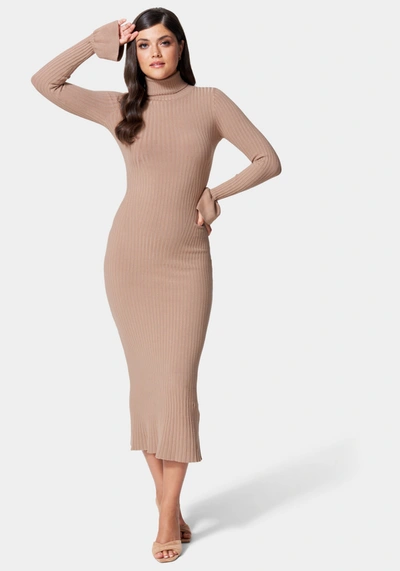 Bebe Bell Sleeve Turtleneck Midi Dress In Camel