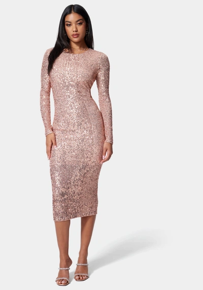 Bebe Sequin Cowl Back Midi Dress In Rose Gold