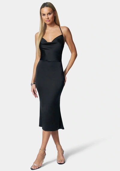 Bebe Strappy Satin Midi Dress In Jet Black
