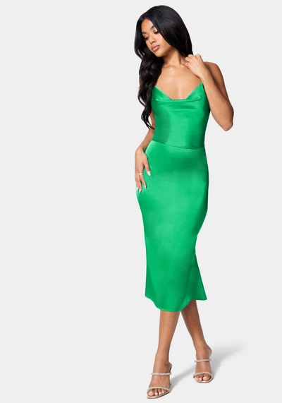 Bebe Strappy Satin Midi Dress In Emerald