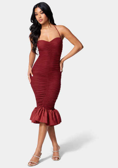 Bebe Shirred Flounce Halter Dress In Rio Red