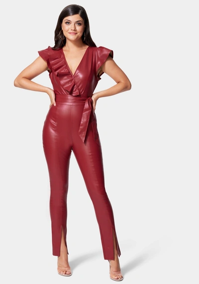 Bebe Vegan Leather Ruffle Jumpsuit In Rio Red
