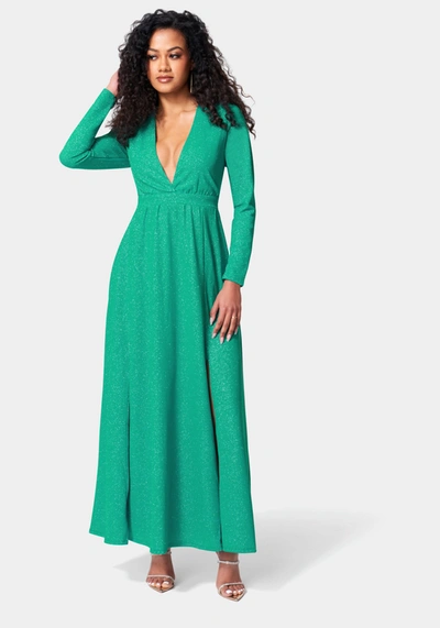 Bebe Lurex Deep V Maxi Dress In Alpine Green