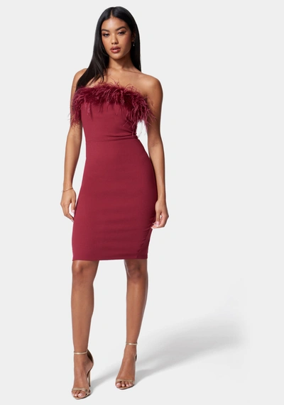 Bebe Feather Trim Strapless Midi Dress In Rhododendron