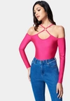 Bebe Cold Shoulder Ring Detail Top In Pink Peacock