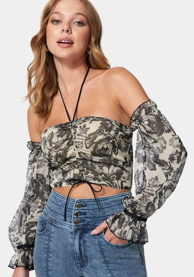 Bebe Cropped Puff Sleeve Cinched Blouse In Print