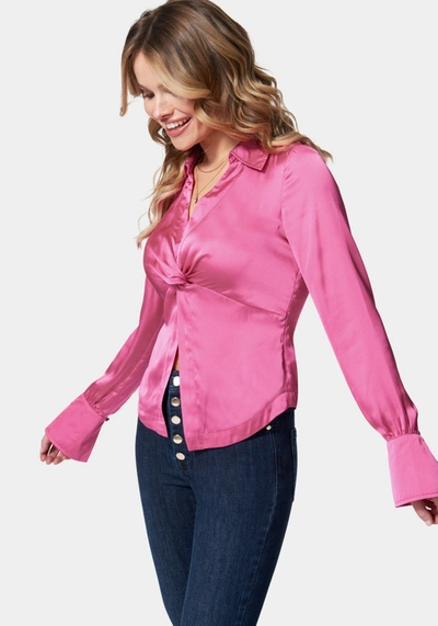 Bebe Satin Long Sleeve Knot Front Blouse In Pink