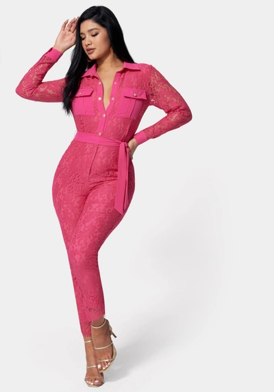 Bebe Lace Combo Belted Jumpsuit In Pink