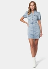 BEBE DENIM BUTTON DOWN PUFF SLEEVE DRESS