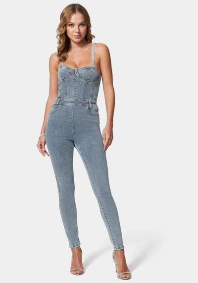 Bebe Denim Corset Top Skinny Leg Jumpsuit In River Blue Wash