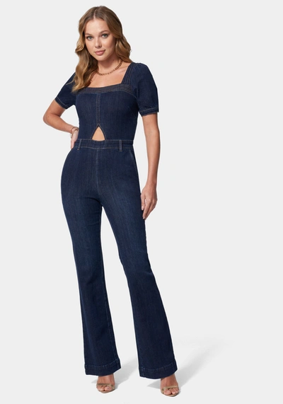 Bebe Denim Cut Out Detail Wide Leg Jumpsuit In Dark Indigo