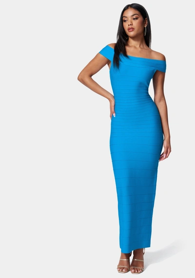 Bebe Luxe Bandage Off Shoulder Gown In Blue