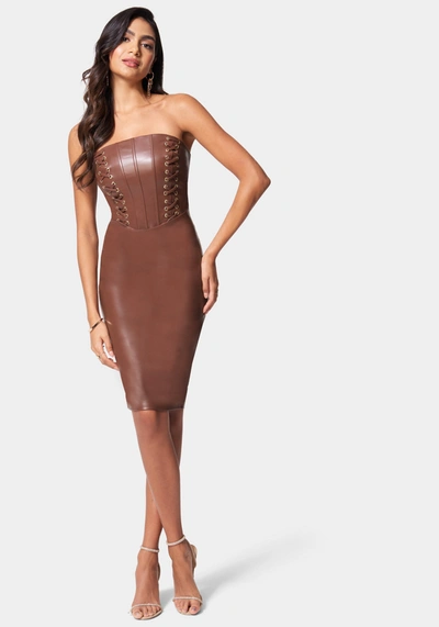 Bebe Vegan Leather Strapless Corset Midi Dress In Hot Chocolate