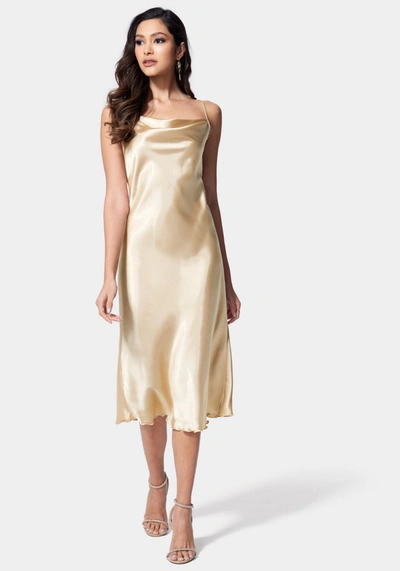 Bebe Satin Cowl Neck Slip Midi Dress In Bronze