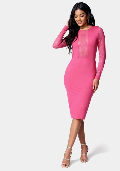 Bebe Lace-inset Bodycon Knee-length Dress In Innuendo