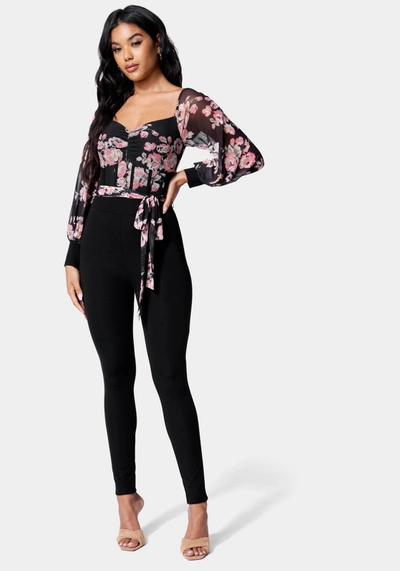 Bebe Printed Mesh Off Shoulder Catsuit In Modern Love,black