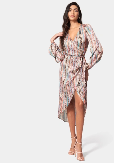 Bebe Printed Satin Wrap High Low Dress In Double Take