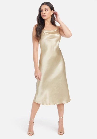 Bebe Satin Cowl Neck Slip Midi Dress In Gold