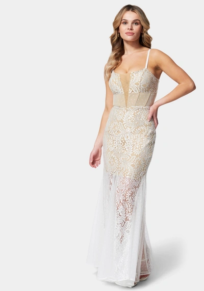 Bebe Lace Corset Mermaid Gown In White,nude