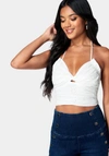 BEBE EYELET TIE BACK RUCHED HALTER TOP