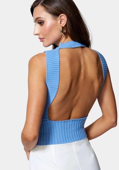 Bebe Pointelle Sleeveless Open Back Sweater Top In Glacial Blue