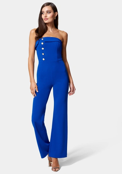 Bebe Knit Crepe Strapless Button Detail Wide Leg Jumpsuit In Galactic Cobalt