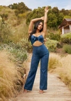 BEBE FRONT RUCHED CUT OUT WIDE LEG LIGHTWEIGHT DENIM JUMPSUIT