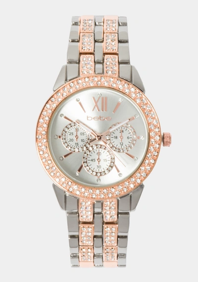 Bebe Silver Dial Crystal Bezel Watch In Two-tone Rose Gold-silver